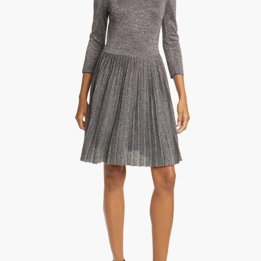 Ted Baker London Silver Long Sleeve Knit Pleated Skirt Dress